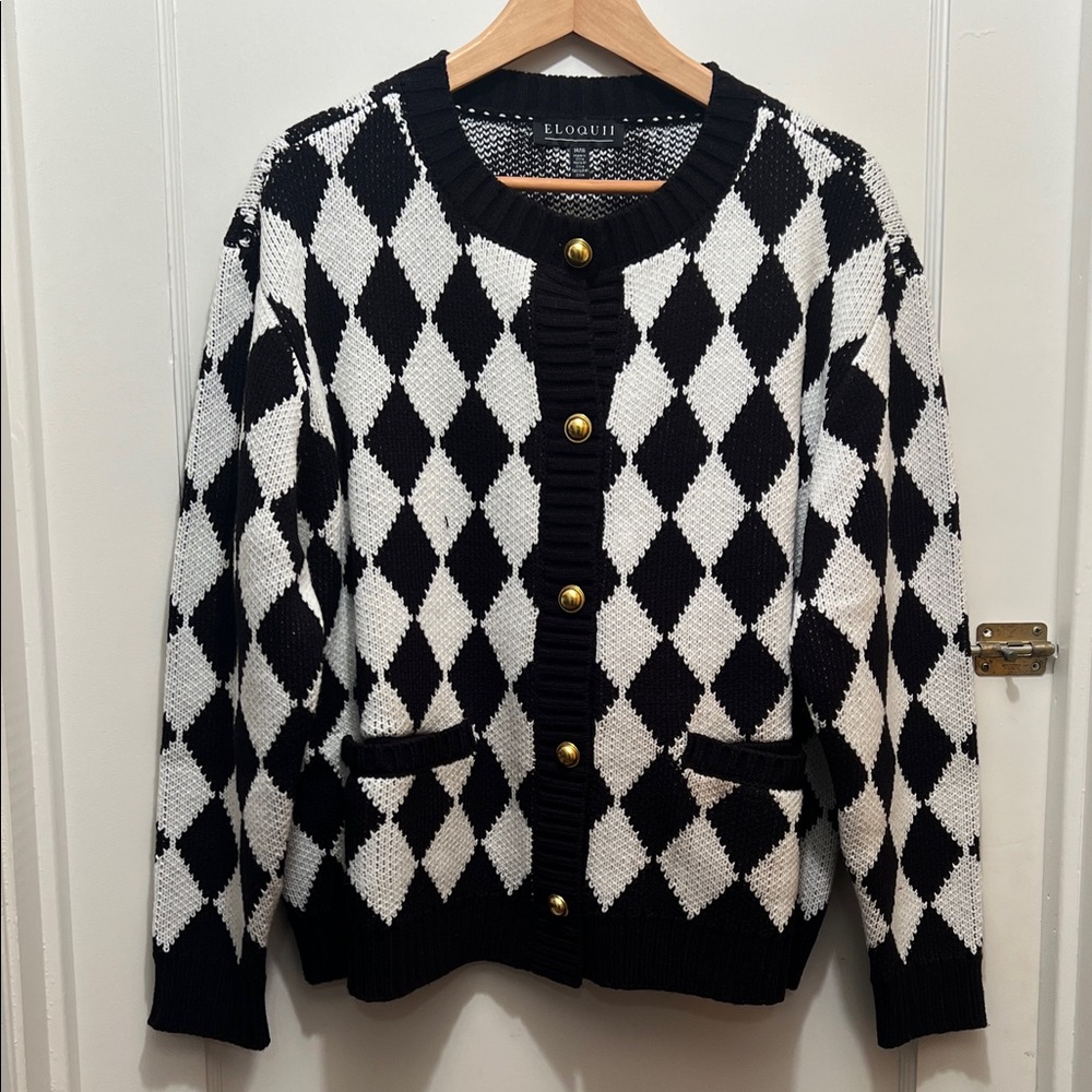 Eloquii Black and White Argyle Women's Sweater 14/16